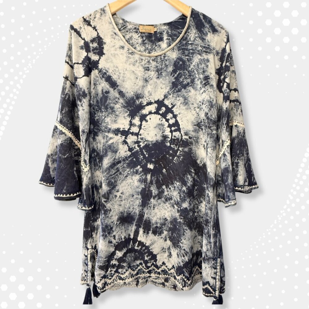 NWOT! Boho Tie-Dye Tunic Dress Cover-Up w/ Crochet Trim & Tassels, Blue/White XS